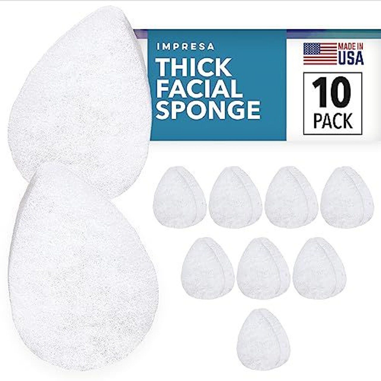 10 Pack Extra Thick Facial Sponge for Daily Deep Cleansing - Regular Buff Style Exfoliating Pads for Removing Dead Skin, Dirt & Makeup - Normal to Oily - Made in The USA - Reusable Puf - White